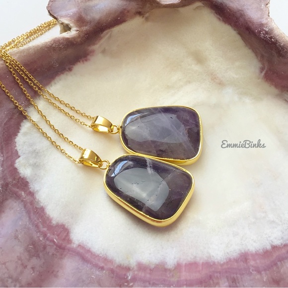 New Genuine Natural Amethyst Pendant Necklace - Amethyst Geometric Pendant - Picture 1 of 15